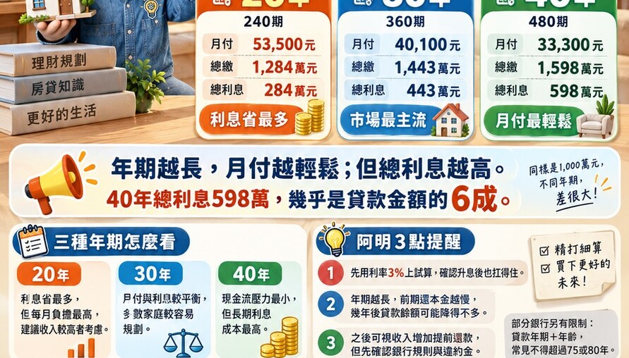 1,000萬房貸該選幾年？20年、30年、40年本利攤還試算懶人包