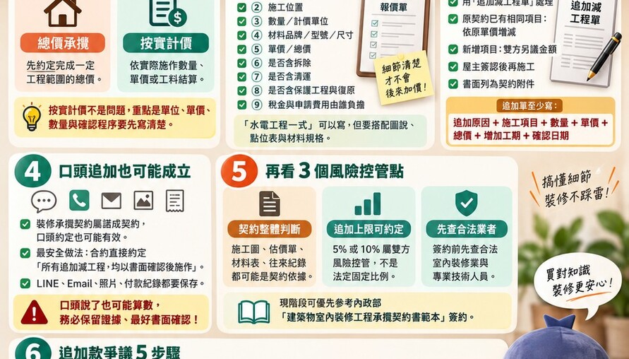裝潢追加款自保懶人包｜報價寫「按實計價」先把工程範圍、單價與變更程序鎖清楚
