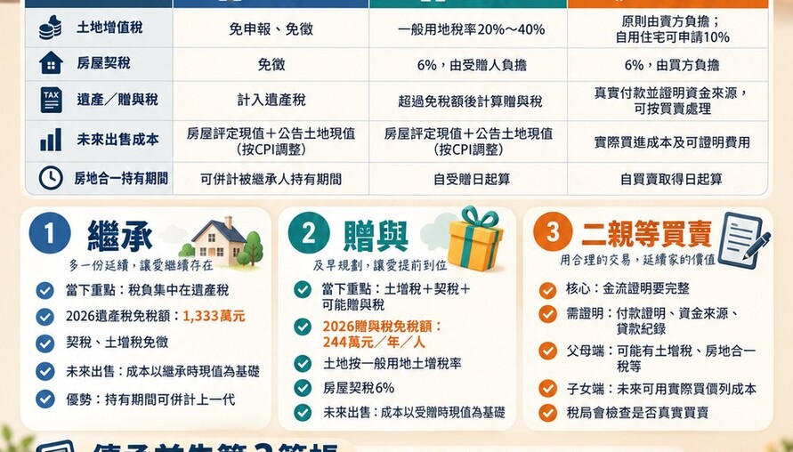 房屋繼承 vs 贈與 vs 買賣懶人包｜3種傳承方式稅負差異一次看懂