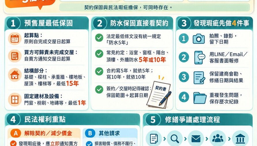 入住後保固期懶人包｜結構15年、固定建材1年，防水年限看契約