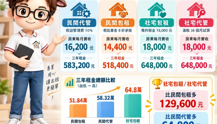 月租1萬8，三年租金差近13萬！房東選包租、代管、社宅　收入一次算清楚
