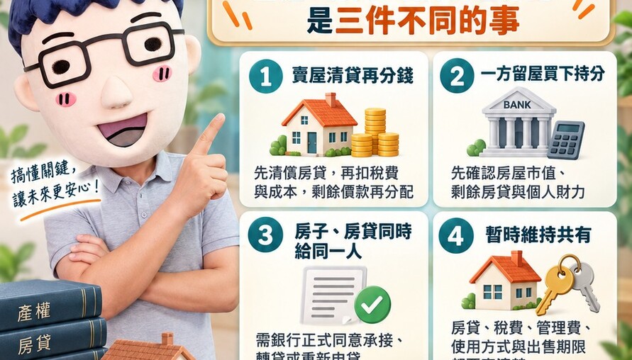 離婚房產切割｜房子給誰、房貸誰繳要分開處理　4種安全做法