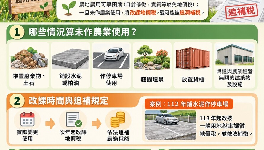 農地違規使用小心被追稅！財稅局：未農用除了課地價稅、還會追補