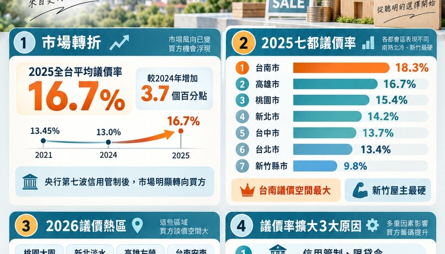 中古屋議價率5年大翻轉！從賣方鐵板到買方市場 台南飆破18%、新竹最硬