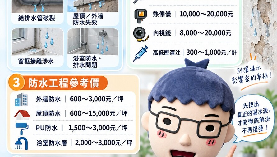 漏水、壁癌｜抓漏最高2萬、防水每坪600元起！先找水源再施工，避免花錢反覆修