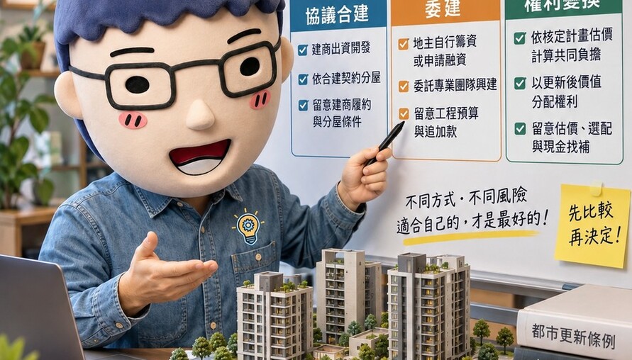 合建、委建、權利變換｜地主分回比例怎麼算？三種重建方式、資金與風險一次看懂