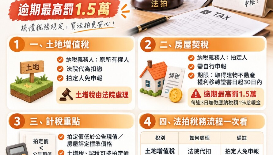 法拍不動產｜土地增值稅免申報、房屋契稅30天內要辦 逾期最高罰1.5萬