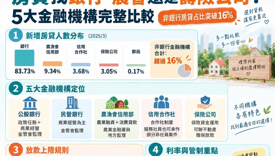 房貸找銀行、農會還是壽險公司！5大金融機構完整比較　非銀行房貸占比突破16%