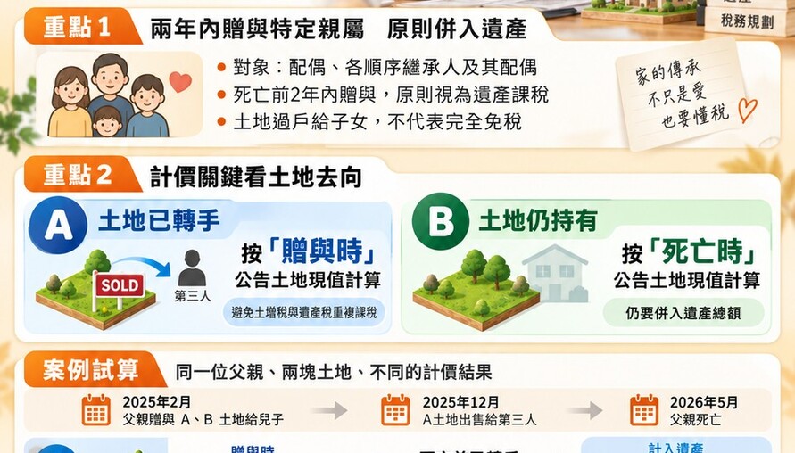 死亡前兩年贈與土地 已轉手、仍持有 遺產計價大不同