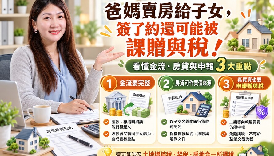 爸媽賣房給子女，簽了約還可能被課贈與稅！情情教你看懂金流、房貸與申報3大重點
