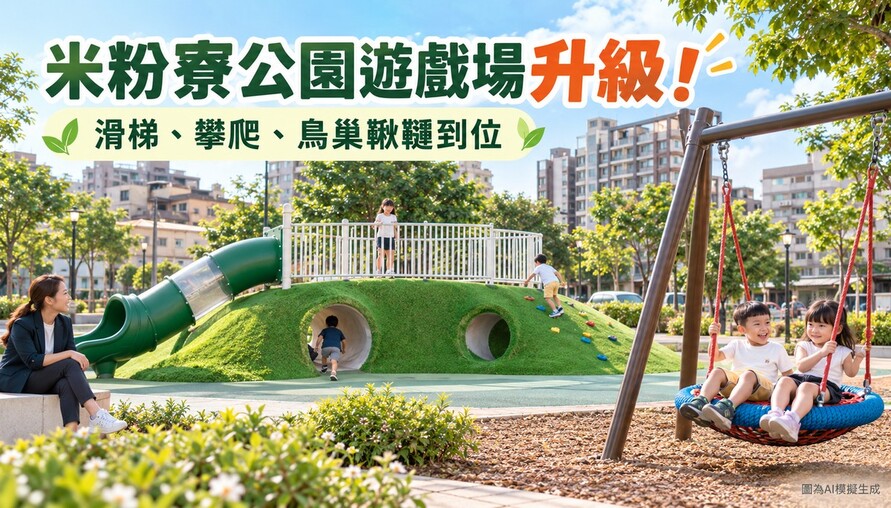 新竹米粉寮公園遊戲場升級！滑梯、攀爬、鳥巢鞦韆一次到位　後續還要加綠意、遮陽