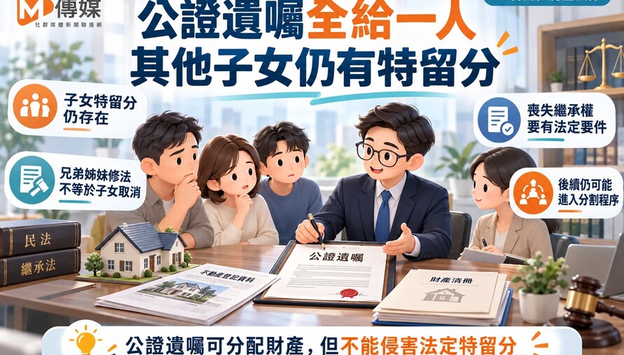 公證遺囑財產全給兒子　其他子女仍有特留分保障