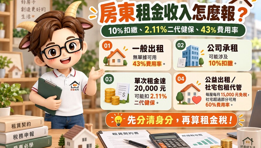 房東租金收入怎麼報｜10%扣繳、2.11%二代健保、43%費用率一次看