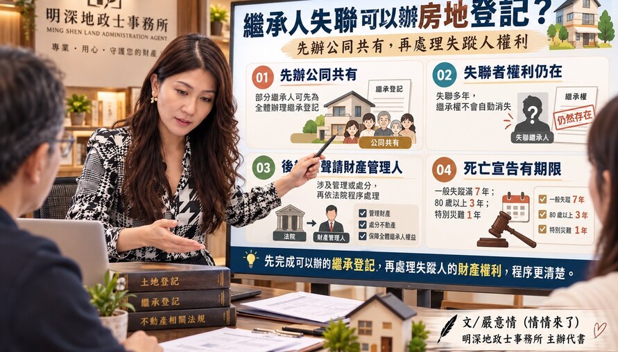 繼承人失聯可以辦房地登記 ? 情情：先辦公同共有，再處理失蹤人權利