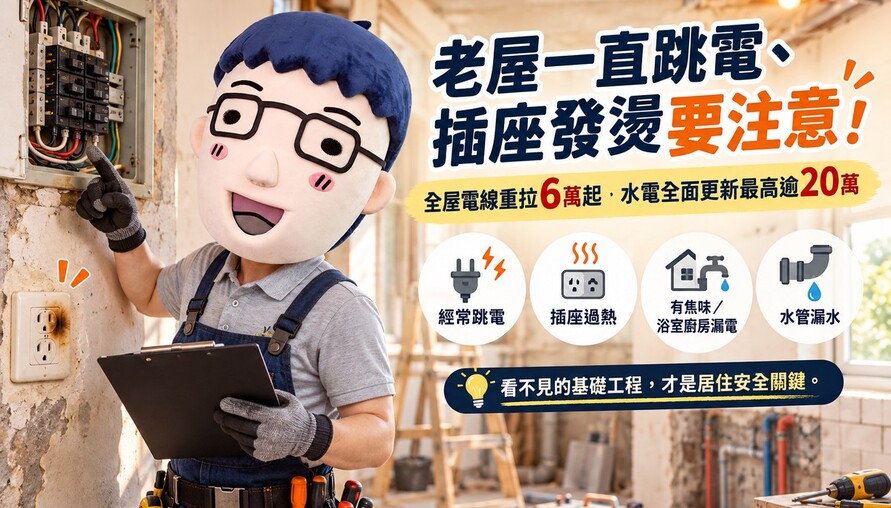 老屋一直跳電、插座發燙要注意！全屋電線重拉6萬起　水電全面更新最高逾20萬