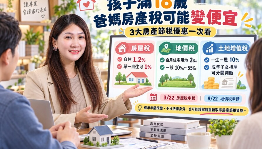 孩子滿18歲，爸媽房屋稅可能變便宜！情情揭3大房產節稅優惠　地價稅最低2‰