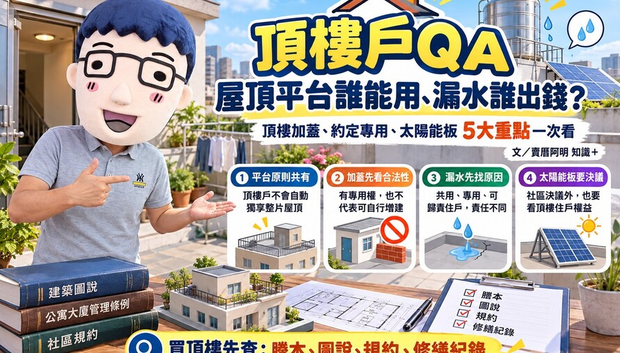 頂樓戶QA｜屋頂平台誰能用、漏水誰出錢？頂樓加蓋、約定專用、太陽能板5大重點一次看