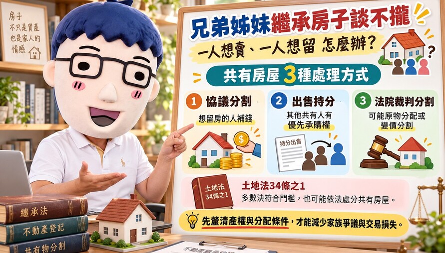 繼承房子兄弟姊妹談不攏！一人想賣、一人想留　阿明整理共有房屋3種處理方式