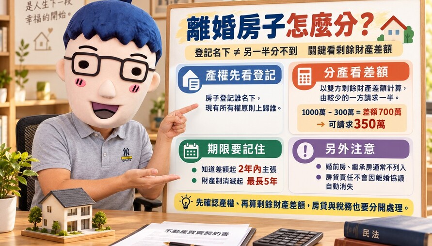離婚房子登記誰名下就歸誰！婚後財產差額可分一半　阿明試算350萬分配與2大請求期限