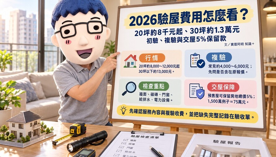 2026驗屋費用｜20坪約8千元起、30坪約1.3萬元　初驗複驗與交屋5%保留款一次看懂