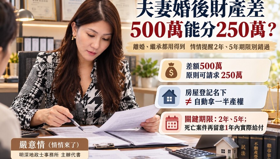夫妻婚後財產差500萬能分250萬? 離婚、繼承都用得到　情情提醒2年、5年期限別錯過