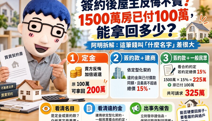 簽約後屋主反悔不賣！1500萬房已付100萬，能拿回多少？專家拆解：這筆錢叫「什麼名字」差很大！