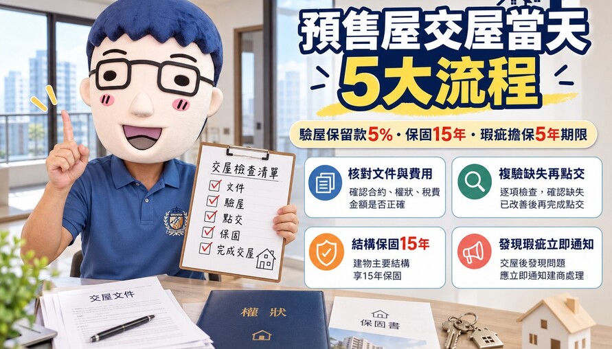 預售屋交屋當天5大流程！驗屋保留款5%、保固15年　阿明提醒：瑕疵擔保還有5年期限