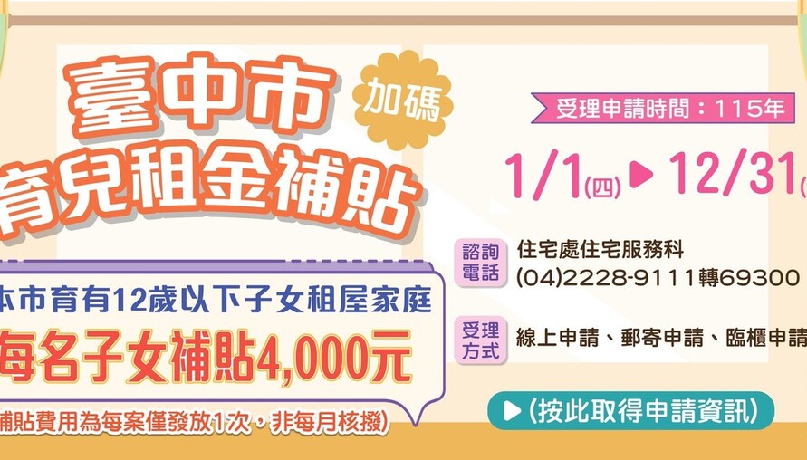 中市育兒租金補貼1月1日開放申請 每名子女補助4千元且無子女數上限