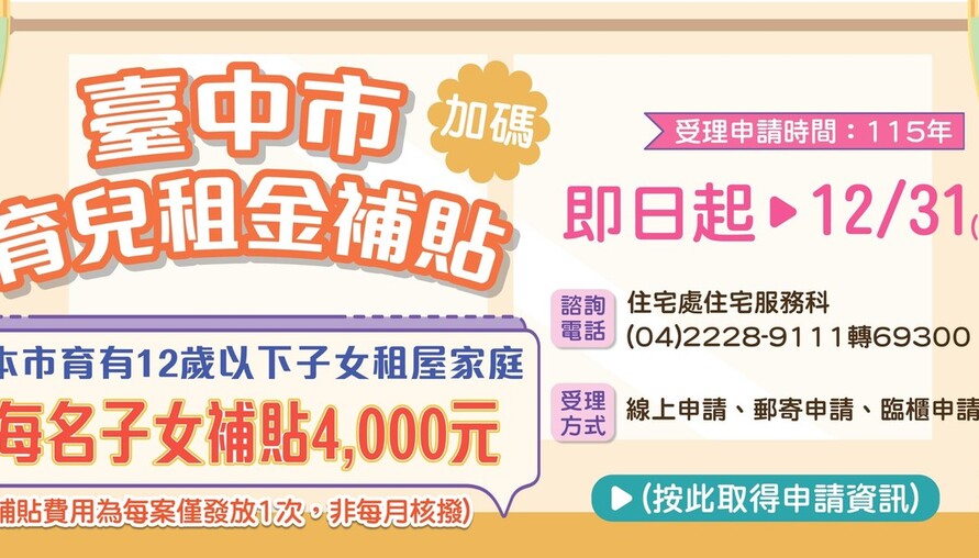 中市育兒租金補貼1月1日開放申請 每名子女補助4千元且無子女數上限