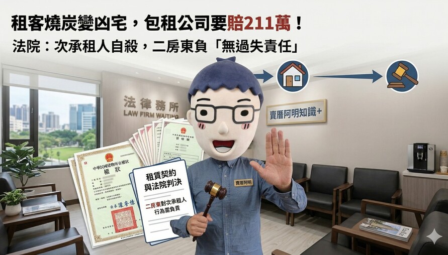 租客燒炭變凶宅，包租公司要賠211萬！法院：次承租人自殺，二房東負「無過失責任」