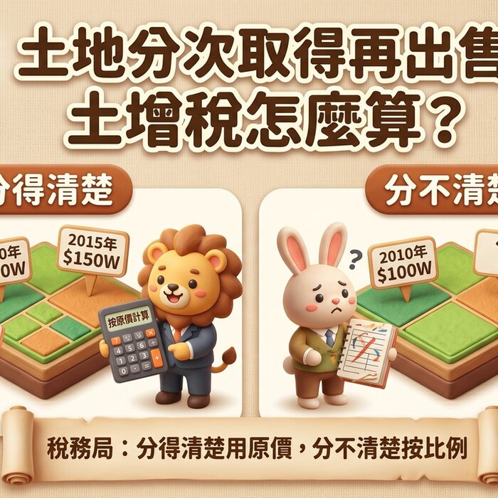 土地分次取得再出售，土增稅怎麼算？稅務局：分得清楚用原價，分不清楚按比例