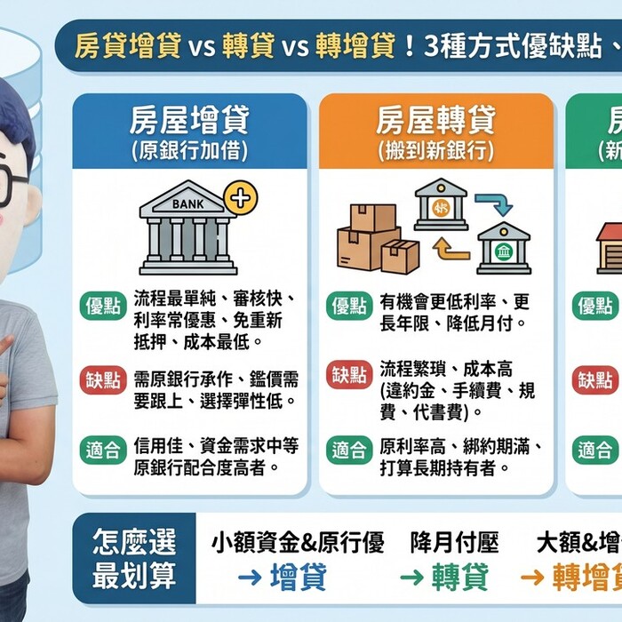 房貸增貸 vs 轉貸 vs 轉增貸！3種方式優缺點、費用一次看懂