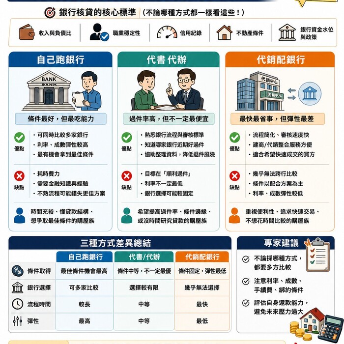 貸款自己跑 vs 仲介代書 vs 代銷配銀行，哪個比較好？