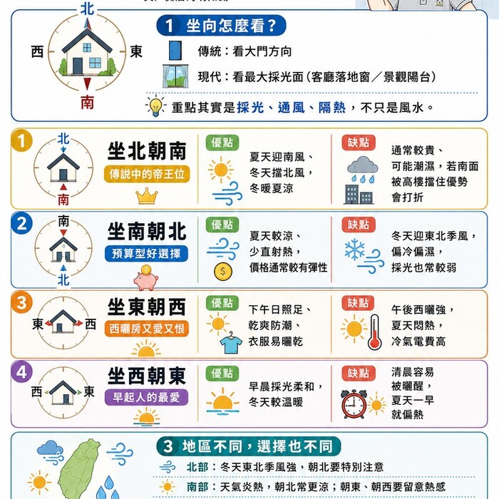 長輩堅持「坐北朝南」，年輕人卻愛「朝北」？一張表看懂四大坐向優缺點