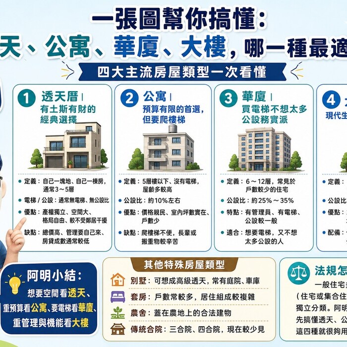 一張圖幫你搞懂：透天、公寓、華廈、大樓，哪一種最適合你？