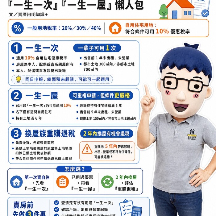 2026土地增值稅全攻略｜「一生一次」「一生一屋」是什麼？10%自住優惠怎麼用？