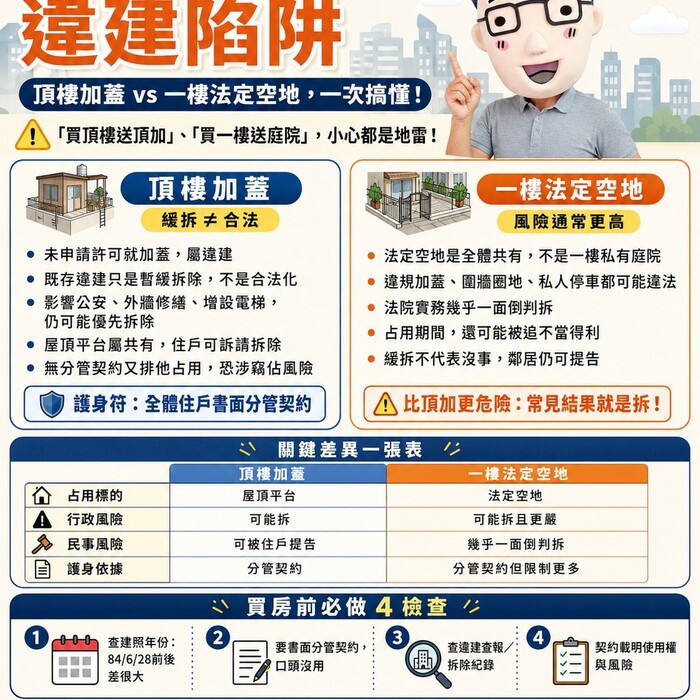買房最常見兩大違建陷阱：頂樓加蓋、一樓法定空地一次看懂
