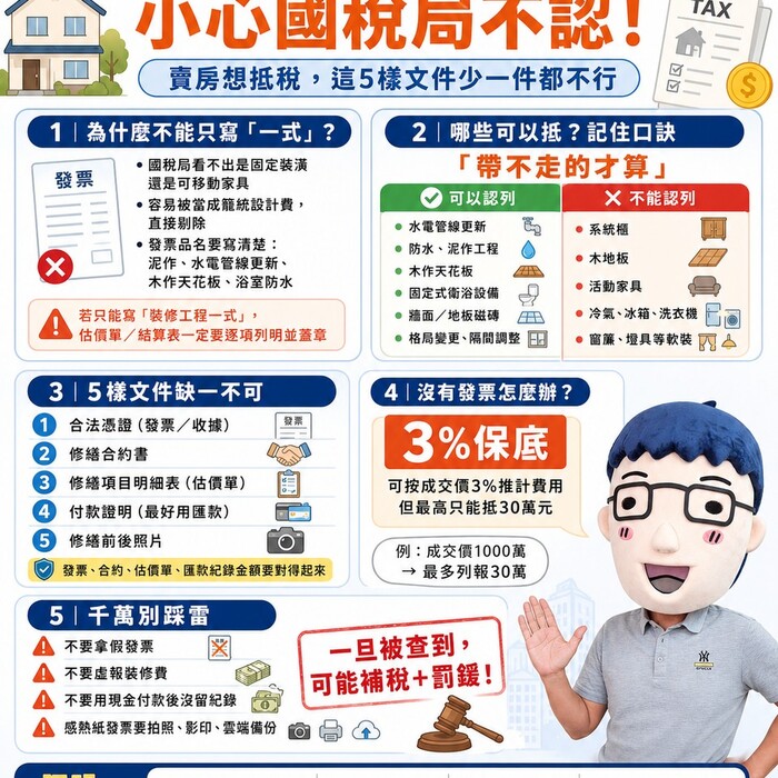 裝潢發票只寫「一式」小心國稅局不認！賣房想抵稅，這5樣文件少一件都不行｜賣厝阿明知識＋
