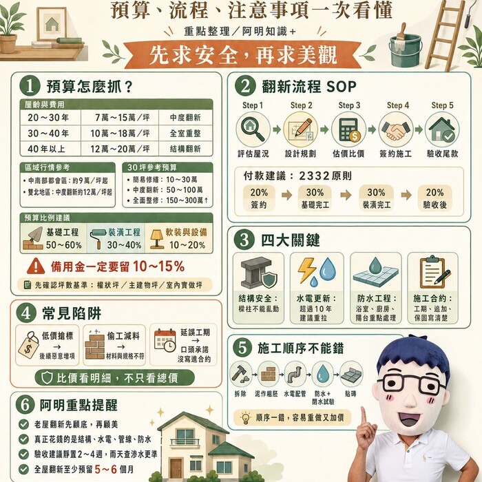 老屋翻新懶人包｜預算怎麼抓？施工順序、合約與驗收一次看懂