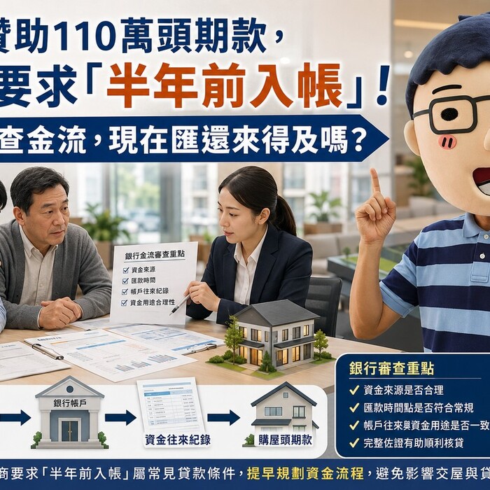爸爸贊助110萬頭期款，建商要求「半年前入帳」！銀行嚴查金流，現在匯還來得及嗎？
