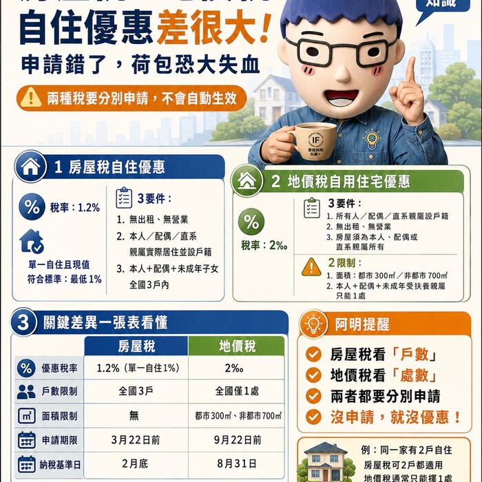 房屋稅、地價稅自住優惠差很大！別傻傻分不清，申請錯了荷包大失血
