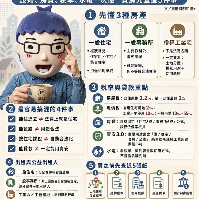 一般住宅、事務所、工業宅差在哪？設籍、房貸、稅率、水電一次懂　買房先查這5件事