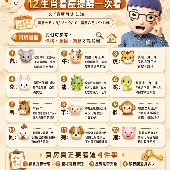 2026民俗月買房懶人包》12生肖看屋提醒一次看　阿明：民俗可參考，價格、產權、貸款才是關鍵