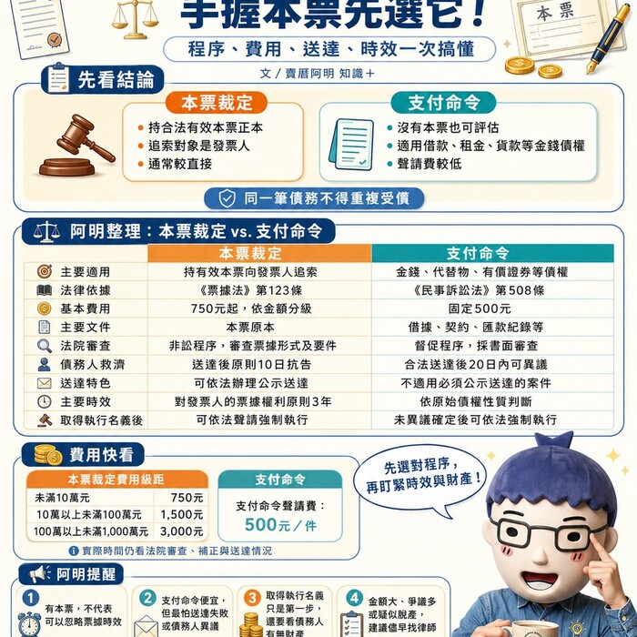支付命令 vs. 本票裁定 懶人包》手握本票先選它！程序、費用、時效一次搞懂，別再傻傻送錯件