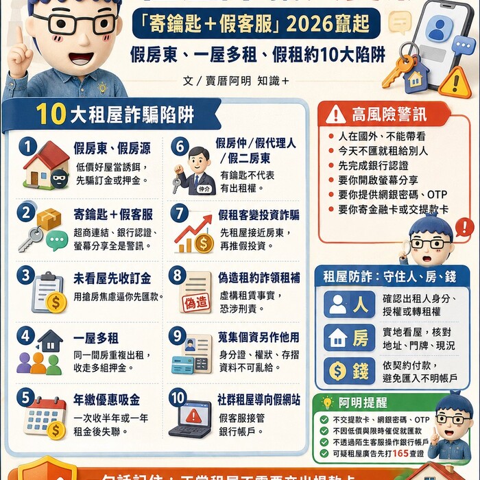 租屋詐騙又變形！「寄鑰匙＋假客服」2026竄起　假房東、一屋多租、假租約10大陷阱