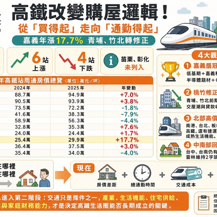 高鐵改變購屋邏輯！從「買得起」走向「通勤得起」　嘉義年漲17.7%、青埔竹北轉修正