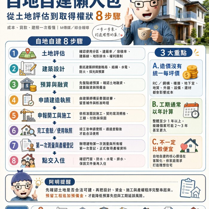 自地自建懶人包》從土地評估到取得權狀8步驟　成本、貸款、建照一次看懂