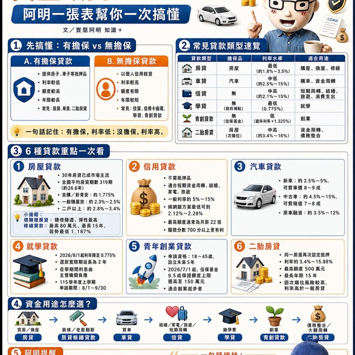 買房、買車、結婚、創業、繳學費⋯⋯資金缺口該用哪種貸款？阿明一張表幫你一次搞懂