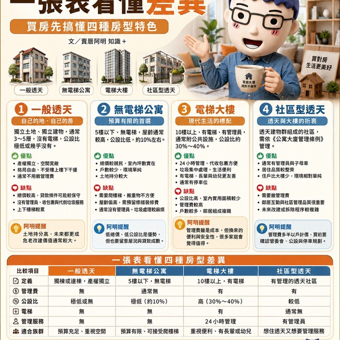 透天、公寓、電梯大樓、社區透天 阿明一張表幫你搞懂差異！買房先看這篇