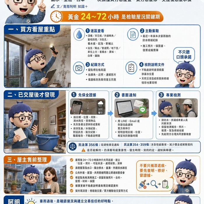 豪雨後看屋與交屋 懶人包》漏水、壁癌、白華⋯⋯一次搞懂買方怎麼查、賣方怎麼修、交屋後怎麼求償